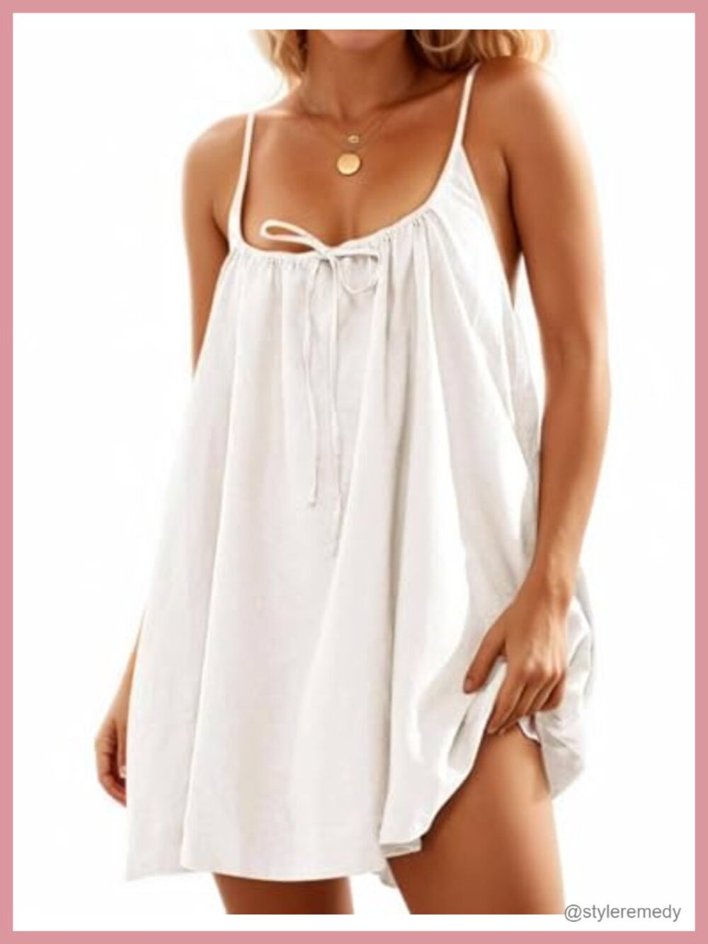 Linen Blend Mini Sundress Beach Cover Up Spaghetti Strap A-Line with Pockets